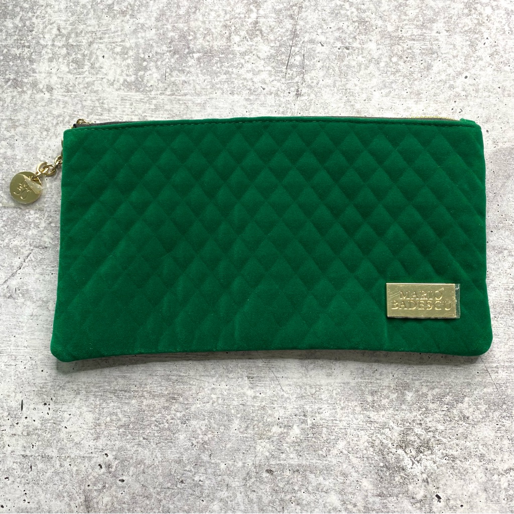 Green Velvet Quilted Cosmetic Bag Makeup Pouch Travel Toiletry Zip Case